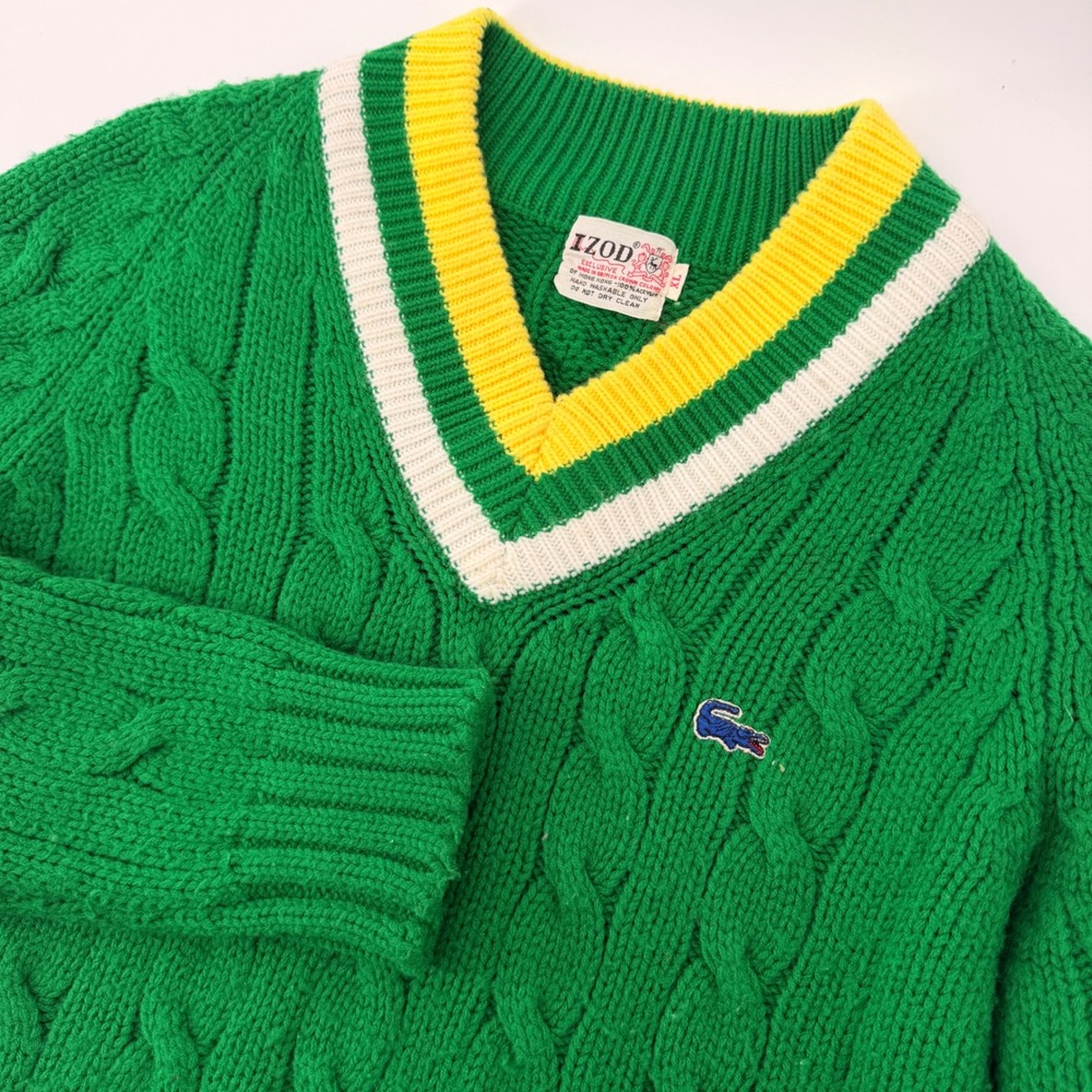 IZOD Lacoste Sweater Mens XL Green Cable Knit V-Neck Striped Vintage Pullover